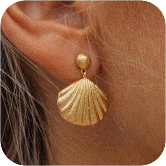 Gold Seashell Dangle Earrings for Women Beach Vacation Holiday Gift - Picture 1 of 9